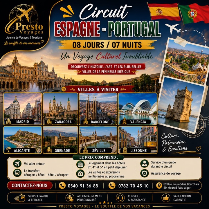 Affiche Presto Voyages « Circuit Espagne – Portugal, 08 jours / 07 nuits » : Madrid, Zaragoza, Barcelone, Valencia, Alicante, Grenade, Séville et Lisbonne
