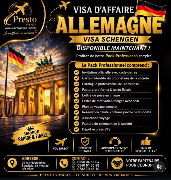 Affiche Presto Voyages « Visa d’affaire Allemagne – Visa Schengen, disponible maintenant » : Pack Professionnel avec invitation officielle, documents de la société, lettre de motivation, plan de voyage, réservation d’hôtel, assurance voyage et dépôt express VFS