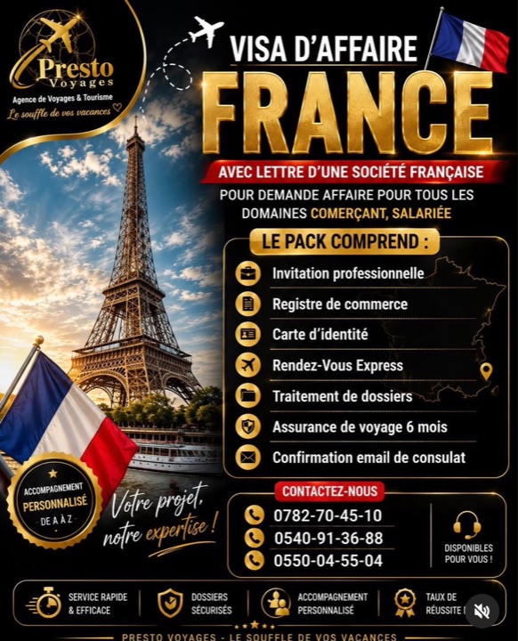 Affiche Presto Voyages « Visa d’affaire France, avec lettre d’une société française » : invitation professionnelle, registre de commerce, carte d’identité, rendez-vous express, traitement du dossier, assurance voyage 6 mois et confirmation e-mail du consulat
